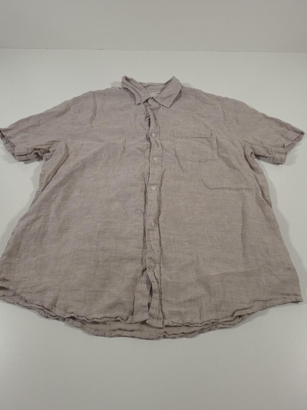 Thom Aaron Shirt Mens L Beige 100% Linen Short Sleeve Button Up Casual Summer